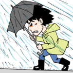 ゲリラ雷雨台風で傘で踏ん張る男性イラスト