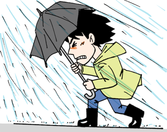 ゲリラ雷雨台風で傘で踏ん張る男性イラスト