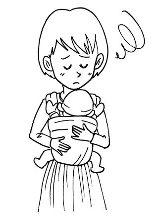 子どもを抱っこして悩む母親モノクロイラスト