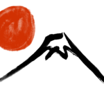 赤い初日の出と富士山墨絵年賀状素材イラスト