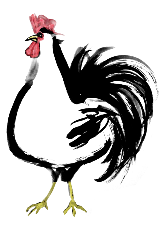 体格のいいニワトリ鶏墨絵無料年賀状素材イラスト